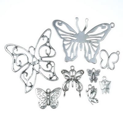 Висулка метална пеперуда АСОРТЕ 10~75x10~47x1~3 мм дупка 1~5 мм цвят старо сребро -20 грама