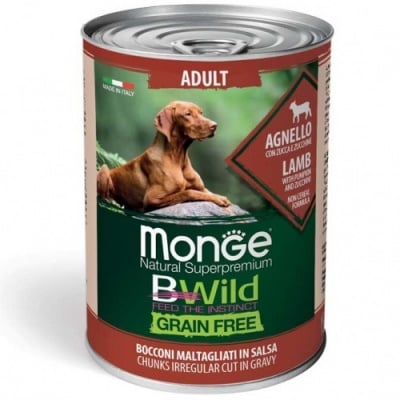 Хапки в сос за кучета в зряла възраст от всички породи Monge BWILD Grain Free, без зърнени храни, сагнешко, тиква, тиквички, 400гр