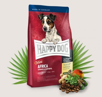 Храна за кучета дребни кучета с тегло до 10кг Happy Dog Мини Африка със щраусово месо - две разфасовки