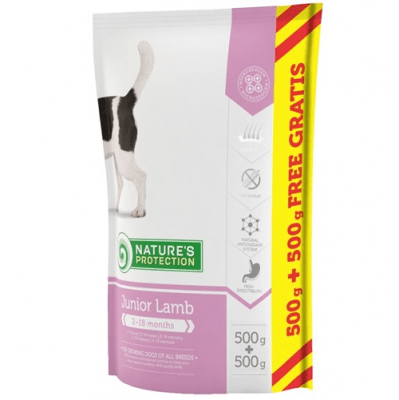 nature's protection Junior Lamb- Селектирана формула с вкусно агнешко за подрастващи кучета от всички породи- 0,500гр+500гр