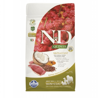 N&D QUN&D QUINOA SKIN & COAT- Пълноценна храна с киноа и патешко за кучета с чувствителен стомах, за здрава кожа и козина
