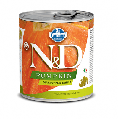 Пълноценна храна за кучета в зряла възраст N&D Pumpkin Boar&Apple ГЛИГАНСКО, ТИКВА & ЯБЪЛКА  - 285гр