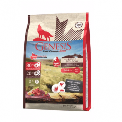 Храна за кучета Genesis Pure Canada Broad Meadow без птиче месо и негови производни, 80 % прясно месо от говеждо, див глиган и елен, три разфасовки