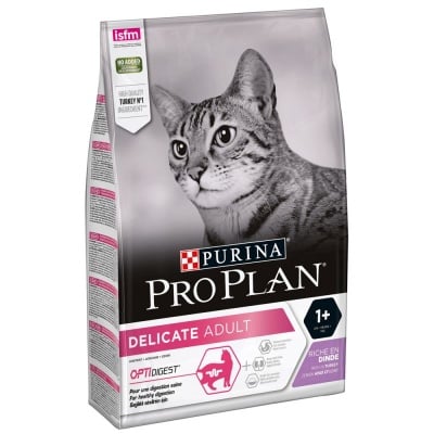 Суха храна за котки с чувствителен стомах и капризен вкус Purina Pro Plan Delicate,  с пуешко месо, три разфасовки