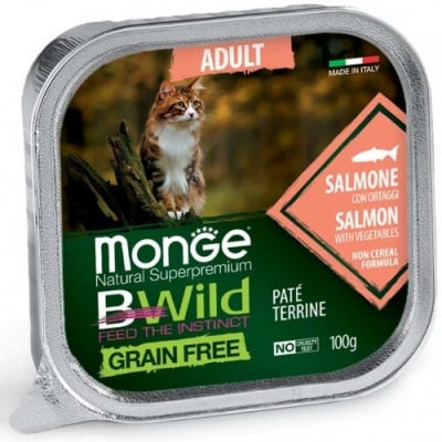 Пастет за котки Monge BWILD Grain Free Adult , без зърнени храни, със сьомга и зеленчуци, 100гр