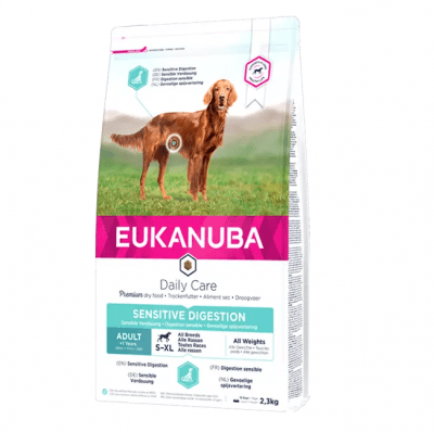 Храна за израснали кучета от всички породи с чувствителен стомах Eukanuba Daily Care Sensitive Digestion, две разфасовки
