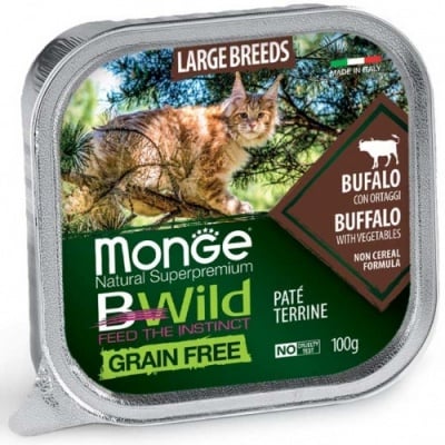 Пастет за подрастващи котенца и възрастни котки от едрите породи Monge BWILD Grain Free Large Breeds, без зърнени храни, с биволско и зеленчуци, 100гр