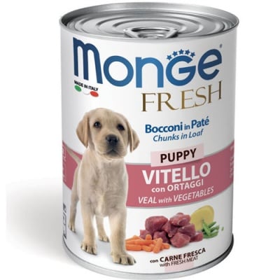 Хапки в пастет за подрастващи кученца от отбиването до 1г. Monge Fresh Puppy, с телешко месо и зеленчуци, 400гр