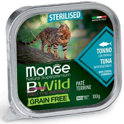 Пастет за кастрирани котки Monge BWILD Grain Free Sterilised, без зърнени храни, с риба тон и зеленчуци, 100гр