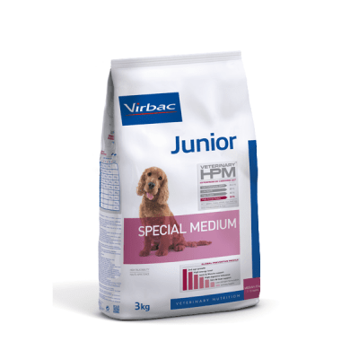 Профилактична храна за подрастващи кучета от средните породи (тегло в зряла възраст 11-25kg), от 7 до 12- месечна възраст Virbac Junior Special Medium, две разфасовки