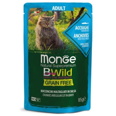Пауч за котки Monge BWILD Grain Free Adult, без зърнени храни, с аншоа и зеленчуци, 85гр