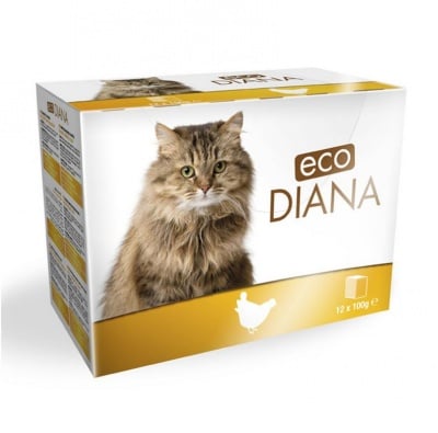 Мокра храна за котка Eco Diana, Хапки в сос, 12 бр x 100 гр, три вкуса