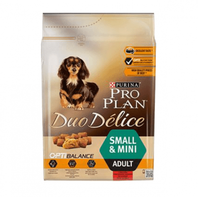 Храна за куче хрупкави гранули и фино нарязани месни късчета ProPlan® DuoDelice, за кучета от дребни породи, с говеждо месо и ориз, 2,5кг