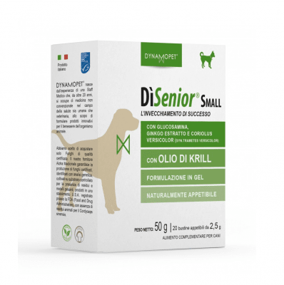 Хранителна добавка за кучета от дребни породи Dynamopet DiSenior Small, разработена за насърчаване на успешното стареене при кучета, 20брх2,5гр