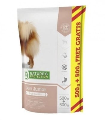 Nature`s Protection Mini Junior- пълноценна храна за подрастващи кученца от малките породи (тегло на израстнало куче от 1 до 10 кг)- 500гр+500гр