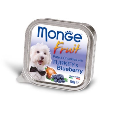 Пастет и хапки за кучета с пуйка и боровинки MONGE FRUIT Paté & Chunkies Turkey & Blueberry, 100гр