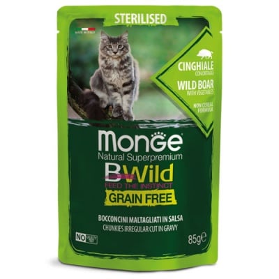 Пауч за кастрирани котки Monge BWILD Grain Free Sterilised, без зърнени храни, с глиганско и зеленчуци ,85гр
