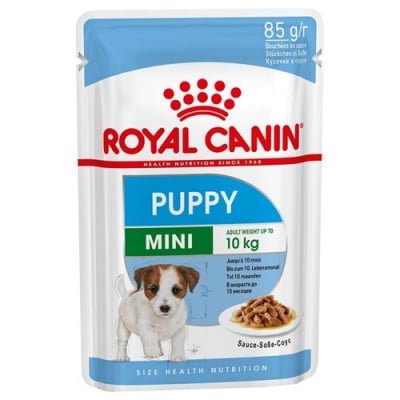 Royal Canin Mini Puppy - Консервирана храна за кутрета и млади кучета от малки породи (до 10 кг) на възраст до 10 месеца; попомага здравословния растеж и укрепва имунната система; с високо енергийно съдържание научете 85гр