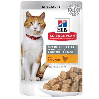 Храна за кастрирани котки от 6 мес. до 6 год. Hill’s Science Plan Feline Young Adult Sterilized Cat пауч с пилешко, 12бр х 85гр
