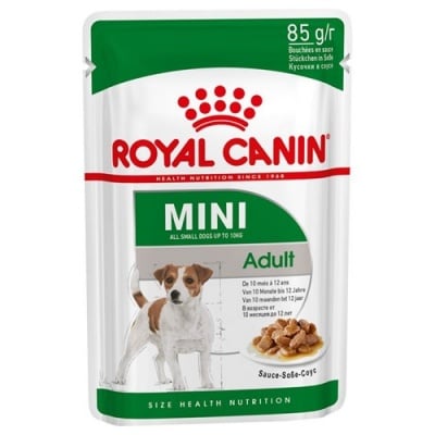 Royal Canin Mini Adult - Консервирана храна за пораснали кучета от малки породи (до 10 кг), подходяща от 10-месечна до 12-годишна възраст, обогатена с EPA и DHA, с балансирано съдържание на калории; за добро храносмилане 85гр