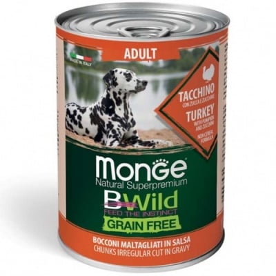 Хапки в сос за кучета в зряла възраст от всички породи Monge BWILD Grain Free, без зърнени храни,  с пуйка, тиква и тиквички, 400гр
