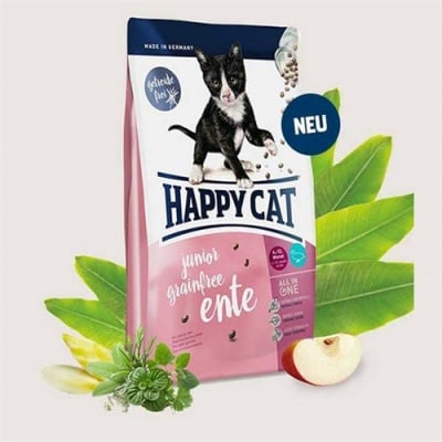 HAPPY CAT JUNIOR GRAIN–FREE /Без зърнени съставки/ с Патешко - Храна за малки котета от 5 седмици до 12 месеца - три разфасовки