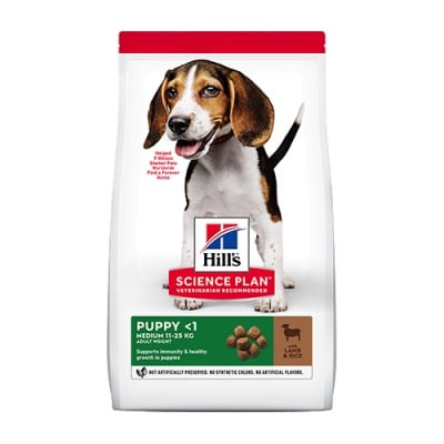 Hills Science Plan Canine Puppy Medium с агнешко - Храна за подрастващи кучета от средните породи до 25 кг. (от отбиването до 1 г., бременни и кърмещи кучета)