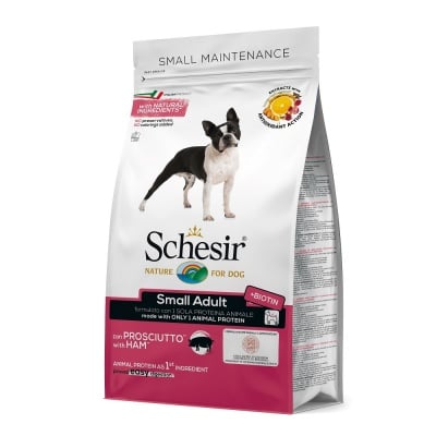 Храна за кучета от дребни породи Schesir mini adult, с прошуто, две разфасовки
