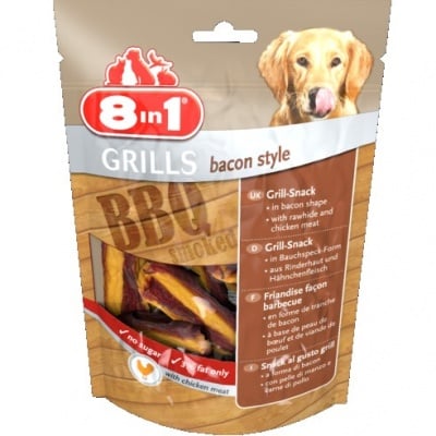 Лакомство за куче 8in1- Хрупкави хапки с формата на беконени ивици и ароматен вкус на барбекю с подправки