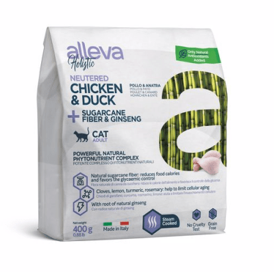 Пълноценна храна за възрастни кастрирани котки или за котки отглеждани в затворени помещения Alleva® Holistic Adult Cat, с Пилешко и Патешко + влакнини от Захарна тръстика и Женшен, 0.400кг