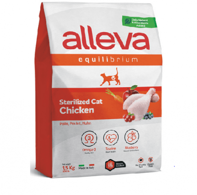 Храна за възрастни кастрирани котки или котки с пилешко Alleva® Equilibrium Sterilized Chicken (Adult), 1.5 kg