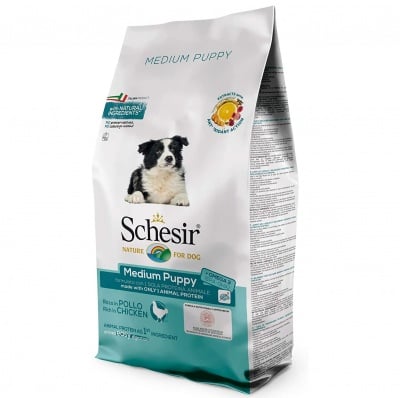 Храна за кученца от средни и едри породи от 1 до 12 месеца Schesir Puppy, с пилешко месо, две разфасовки