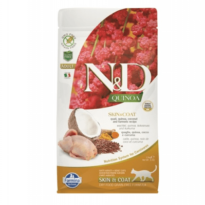 N&D QUINOA SKIN & COAT с пъдпъдъче месо - Пълноценна храна за котки при хранителни чувствителности, за поддържане на кожата и козината