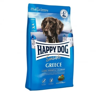 Happy Dog Sensible Greece, Храна за чувствителни кучета, С Aгнешко, скариди и калмари