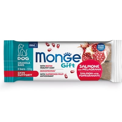 Monge Gift Granola Bars Skin Support, лакомство за кучета, за здрави кожа и козина, със сьомга и нар, 120гр