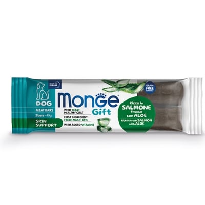 Monge Gift Meat Bars Skin Support Dog, Лакомство за куче, за здрава кожа и козина, със сьомга, алое и дрожди, 40гр