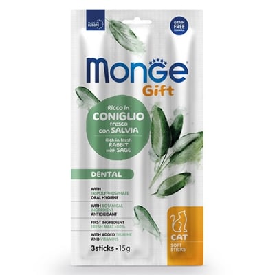 Monge Gift Soft Sticks Dental, Лакомство за котки, За дентална грижа, със заешко и салвия, 15гр