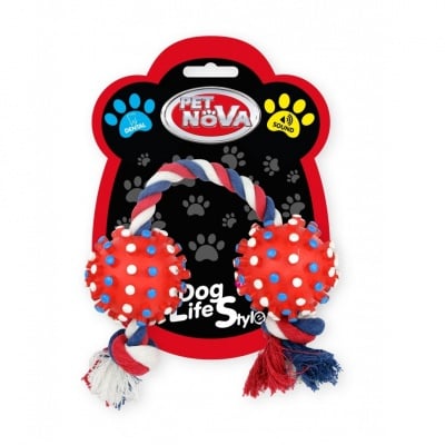 Pet Nova, играчка за куче - Две топчета на въже, червени, 50 см