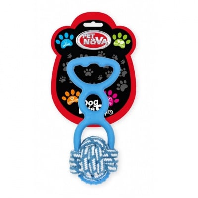 Pet Nova, Играчка за куче - Въжена топка с гумена дръжка 20см, синьо, аромат на мента