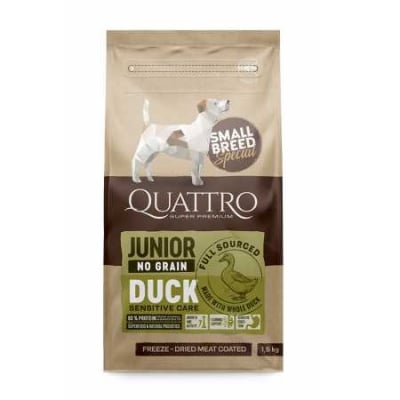 Quattro, No Grain, Junior, Duck, храна без зърно за подрастващи кучета от малки породи, с патица, 1,5 кг