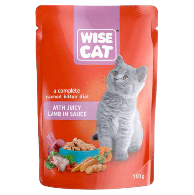 WISE CAT, пауч за малки котенца, парченца агнешко в сос, 100гр