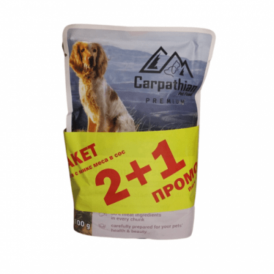 Carpathian Pet Food - пауч за кучета месен микс ПРОМО (пилешко, говеждо, пуешко и риба) в сос 16+8 х 100 г