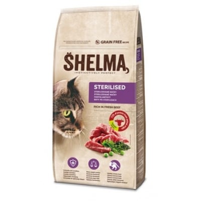 Shelma гранулирана храна за котки с говеждо 8кг + Pouch cat риба треска, спирулина 28х85гр