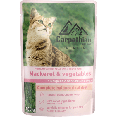 Carpathian Pet Food - пауч за котка ,  скумрия със зеленчуци в сос 24х100 г