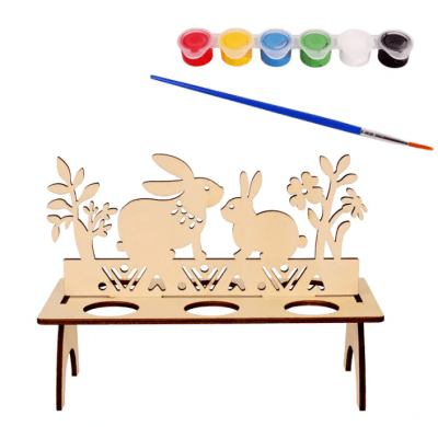 Поставка за 6 яйца Зайчета с боички за оцветяване, дърво