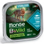 Пастет за кастрирани котки Monge BWILD Grain Free Sterilised, без зърнени храни, с риба тон и зеленчуци, 100гр 1 брой