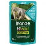 Пауч за котки Monge BWILD Grain Free Adult, без зърнени храни, с риба треска, скариди, зеленчуци, 85гр 12 броя