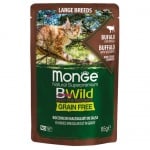 Пауч за подрастващи котенца и възрастни котки от едрите породи Monge BWILD Grain Free Large Breeds, без зърнени храни, с биволско и зеленчуци, 85гр