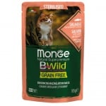 Пауч за кастрирани котки Monge BWILD Grain Free Sterilised, без зърнени храни, със сьомга, скариди и зеленчуци, 85гр