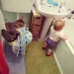 Дете и котка в банята